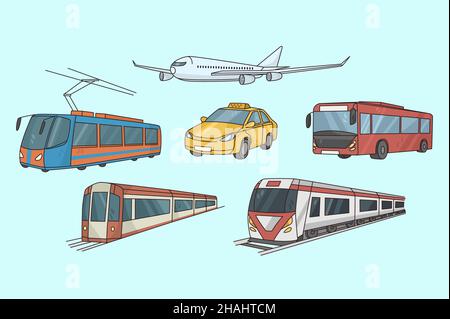 Colorful set of various urban transport. Collection of transportation vehicles in city. Taxi, plane, bus and tram for town public transporting. Flat vector illustration. Cars and airplanes.  Stock Vector