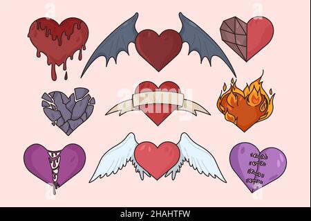 Set of various heart shapes for valentine day. Collection of different love signs, burning, with wings and broken. Passion and love symbol. Relationship and relation. Flat vector illustration.  Stock Vector