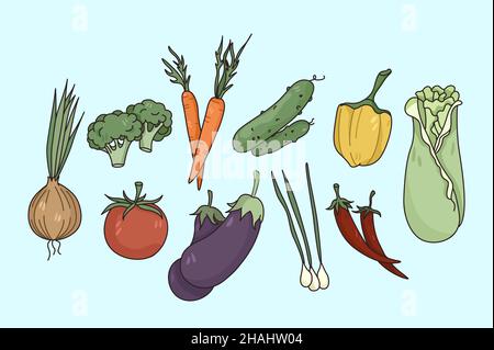 Set of diverse fresh vegetables isolated on light background. Collection of natural organic bio veggies for open market or supermarket ad. Nutrition and diet, clean eating. Vector illustration.  Stock Vector