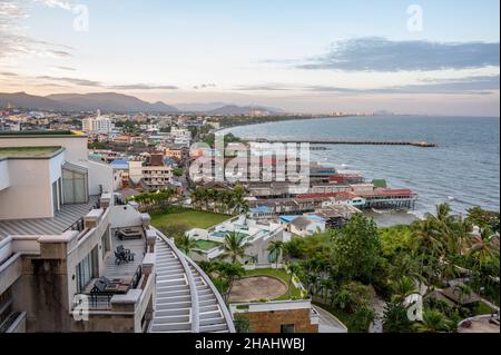 Aerial view of Hua Hin at sunset in northern direction. Hua Hin is a popular travel destination in Thailand. Stock Photo