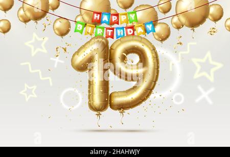 Happy Birthday 19 years anniversary of the person birthday, balloons in the form of numbers of the year. Vector illustration Stock Vector