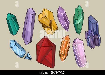 Colorful collection of various natural stones. Set of different size and shape precious gemstones. Minerals and crystals isolated. Semi-precious gems. Flat vector illustration.  Stock Vector