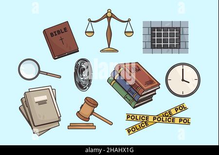 Set of various law and order icons or items. Colorful collection of jurisdiction power and justice. Court and lawyer infographics. Flat vector illustration. Jury, police and bible.  Stock Vector