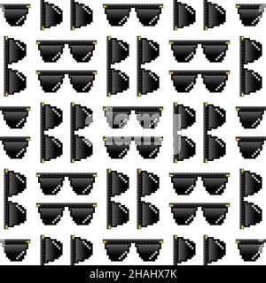 Black Pixel Sunglasses Seamless Pattern Isolated on White Background Stock Vector