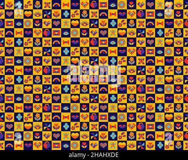 Geometric abstract Bauhaus love seamless pattern. Valentine's day endless texture, retro background. Vector illustration Stock Vector