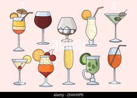 Vector set of cocktails in glasses served at bar. Classic alcoholic beverages isolated on white background. Restaurant of club menu. Alcohol and soft drinks concept. Flat illustration, cartoon.  Stock Vector