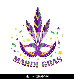 Mardi Gras Party Mask Poster. Mask with feathers isolated on white background. Carnival masquerade template for your design. Vector illustration Stock Vector