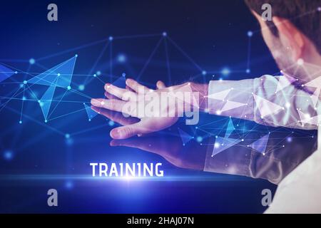 Businessman touching huge screen concept Stock Photo