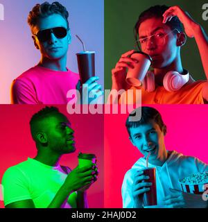 Portraits of group of multiethnic young men isolated on multicolored background. Concept of emotions, facial expressions. Collage Stock Photo