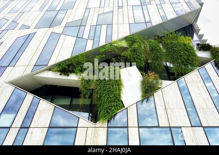 Detail of an eco-friendly building at Kö-Bogen in downtown Düsseldorf/Germany, with „cuts“ in the facade for local green plants and grasses. Stock Photo