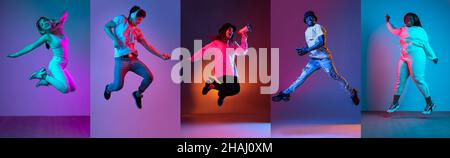 Composite image of portraits of multiethnic young people jumping isolated on multicolored background in neon light. Stock Photo