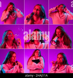 Photo set of young girl's portraits with different emotions using gadgets isolated on purple studio backgroud in neon pink light. Stock Photo