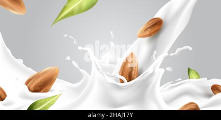 Splash milk almond. Milkshake with nuts and seeds, realistic almonds, protein drink, healthy breakfast, vegan beverage, calcium nutrition, 3d vector commercial. Illustration of nut and milk beverage Stock Vector