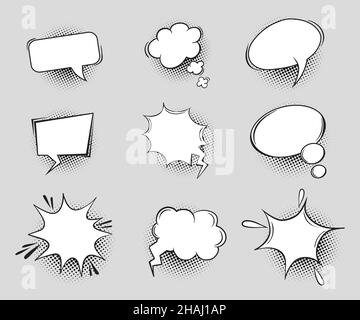Empty speech bubble halftone. Cartoon comic bubbles for text, speak clouds, pop art talk chat retro message communication, dialog frame shape sound effect, neat outline vector icons illustration Stock Vector