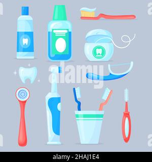 Dental cleaning tools. Cartoon toothbrush mouthwash toothpaste, oral hygiene accessory, electric tooth brush for care health mouth, scraper tongue, dentist neat vector illustration Stock Vector