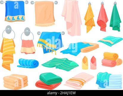 Cartoon bath towels. Cartoon fabric cloth for hand kitchen towel, blanket beach hotel spa laundry, shower textile washcloth hanging in bathroom, rolls folded stack, neat vector fabric fluffy Stock Vector