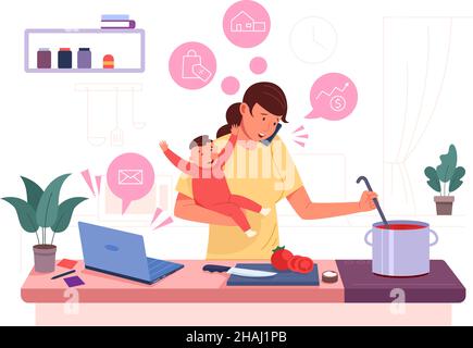 https://l450v.alamy.com/450v/2haj1pb/multitasking-mom-busy-mother-with-baby-woman-task-work-home-family-stress-distracted-kitchen-cooking-housewife-management-parent-chaos-children-kid-vector-illustration-of-multitasking-mother-2haj1pb.jpg