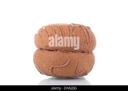Two sweet chocolate cookies, close-up, isolated on white. Stock Photo