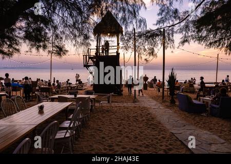 Na Jomtien Beach Pattaya Thailand December 2021, white tropical beach during sunset in Pattaya Najomtien at the Glasshouse famous restaurant Stock Photo