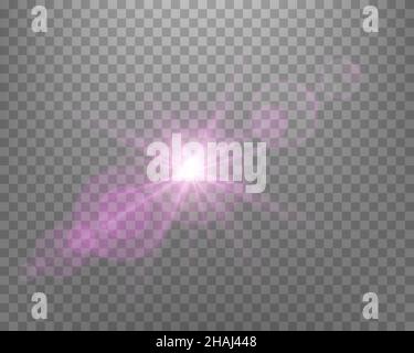 Sunlight lens flare, sun flash with rays and spotlight. Pink glowing burst explosion on a transparent background.  Vector illustration. Stock Vector