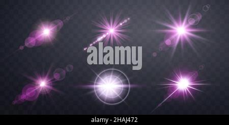 Pink lens flares set. Isolated on transparent background. Sun flash with rays or spotlight and bokeh. Pink glow flare light effect. Vector illustratio