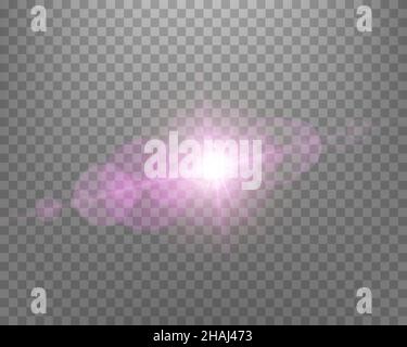 Sunlight lens flare, sun flash with rays and spotlight. Pink glowing burst explosion on a transparent background.  Vector illustration. Stock Vector