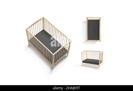 Blank wood cot with black crib sheet mockup, different views Stock Photo