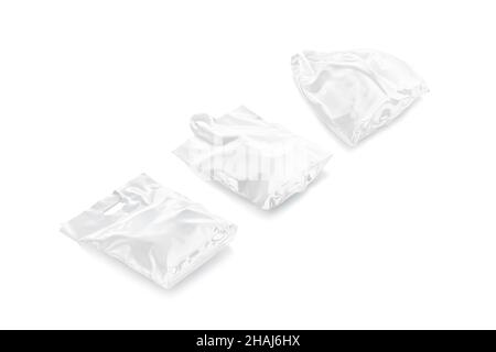 Blank white full loop handle plastic bag mockup, half-turned view