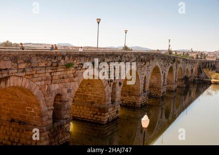 Roman bridge over the Guadiana River in Mérida, Spain. Stock Photo