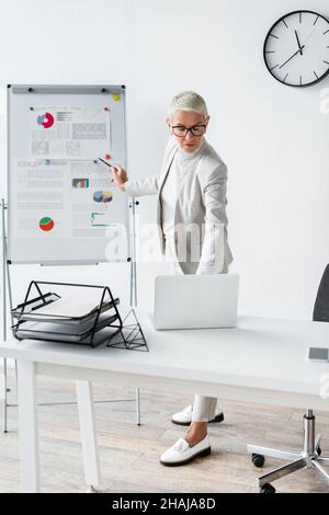 senior businesswoman in glasses looking at laptop while standing near flip chart Stock Photo