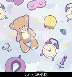 Sleep time vector seamless pattern. Illustration items vector set for good sleep. Good night cartoon pattern wallpaper for children badroom, wrapping paper for kids present in purple blue colors Stock Vector