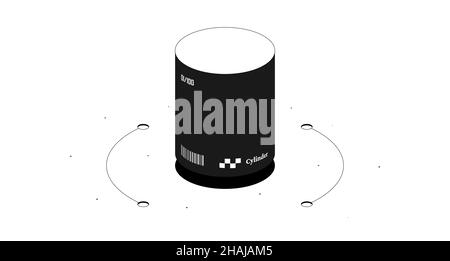 Cylinder mathematical figure. Black and white isometric 3d illustration isolated on white background. Stock Photo