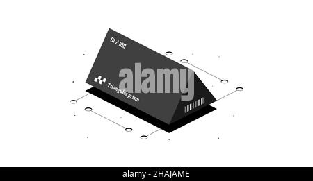 Triangular prism mathematical figure. Black and white isometric 3d illustration isolated on white background. Stock Photo