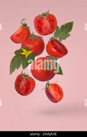 Sliced and whole tomato flying in the air, isolated on bright pink background. Raw vegetarian healthy diet ingredient. Creative food concept. Stock Photo