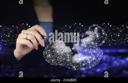 Neural networks and other concepts of modern technologies. Hand holding digital graphic pen and drawing digital hologram polygonal fetus sign on city Stock Photo