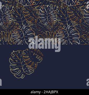 Lot of cute palm leaves with golden outline, modern fashion seamless pattern texture. Exotic tropical jungle forest fabric textile. Stock Vector