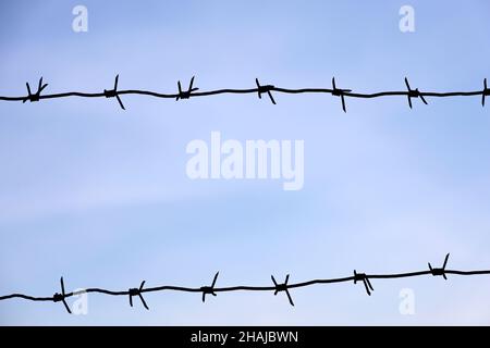 Silhouette Of Rusty Barbed Wire Against The Dramatic Sky With Dark 