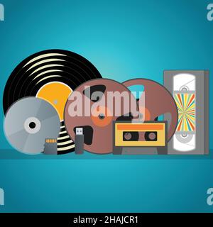 Video and audio recording equipment like cassette, vinyl, usb stick, secure digital card, film reel, compact disk Stock Vector