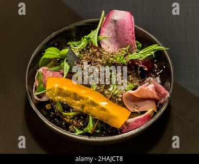 Dish of chef Alexandre Dimtch, Restaurant Saint Marc, Aups, with freshly grated black truffles in Aups, France Stock Photo