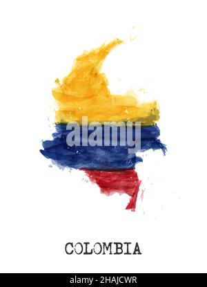 Colombia flag and map watercolor painting design . Realistic drawing country shape . White isolated background . Vector . Stock Vector