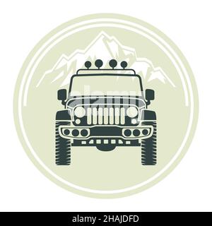 Off Road car front view, SUV and mountain for labels, emblems, badges or logos, vector Stock Vector