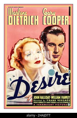 DESIRE  1930s Vintage Movie Film Poster for 1936 Paramount film with Gary Cooper and Marlene Dietrich, John Halliday, William Frawley Directed by Frank Borzage An Adolph Zukor Production Stock Photo