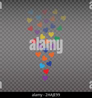 Live like, flying color hearts for stream. Live video and flying likes. Social media elements falling. Stock Vector