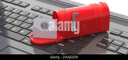 Email inbox. Red retro mailbox open with raised flag on computer keyboard. New mail incoming in the postbox. 3d illustration Stock Photo