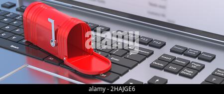 Red retro mailbox empty open with raised flag on computer keyboard. Email inbox. New mail incoming in the postbox. 3d illustration Stock Photo