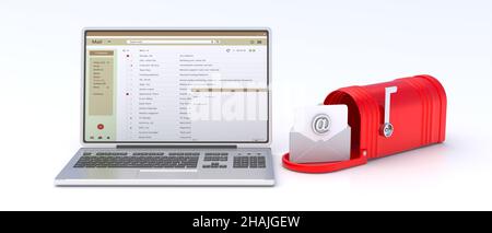 Email inbox. Red retro mailbox open with raised flag and  laptop computer isolated on white background. E mail client list on the screen. 3d illustrat Stock Photo