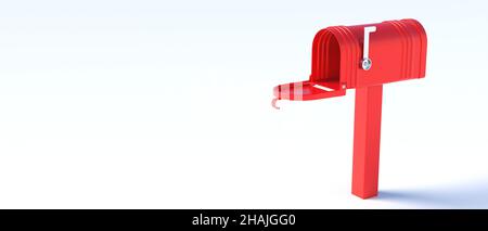 Red mailbox isolated on white background. Empty vintage post box with open door and raised flag, copy space, template. Traditional communication conce Stock Photo