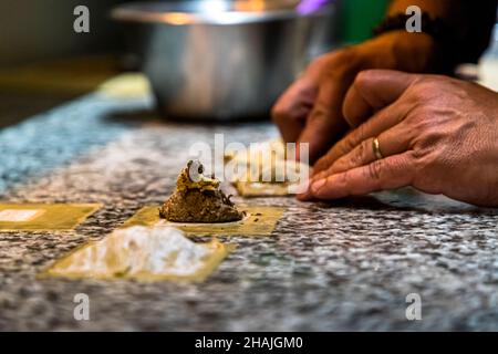 Goose liver ravioli with truffle in Aups, France Stock Photo