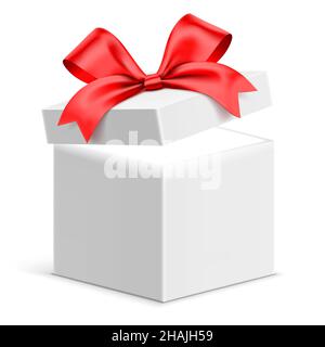 Slightly opened white gift box with red ribbon and mystery light shining from inside. Vector gift box isolated on background. Stock Vector