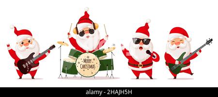 Cute Santa Claus playing electric guitar, drums and singing, rock band. Vector illustration isolated on white background. Stock Vector